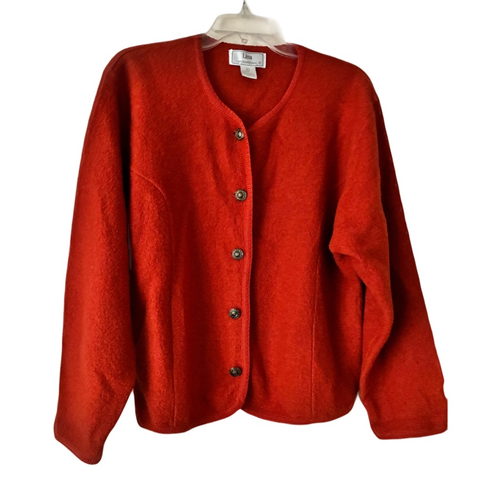 Lisa International Wool Cardigan, Sz. L, Orange, Metal Buttons, Trim All Around